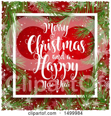 Clipart of a Merry Christmas and a Happy New Year Greeting in a Border of Branches and Snowflakes on Red - Royalty Free Vector Illustration by KJ Pargeter