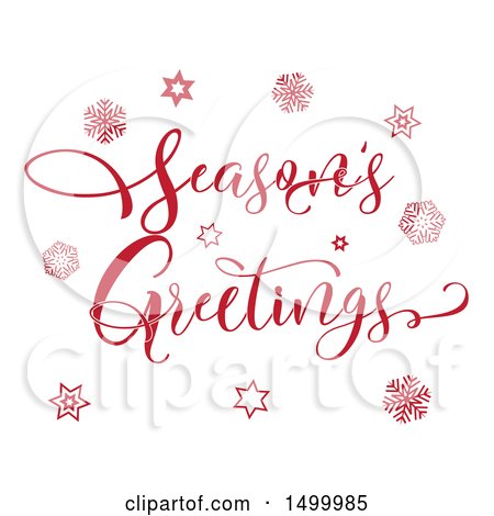 Clipart of a Red Seasons Greetings Text Design with Stars and Snowflakes - Royalty Free Vector Illustration by KJ Pargeter
