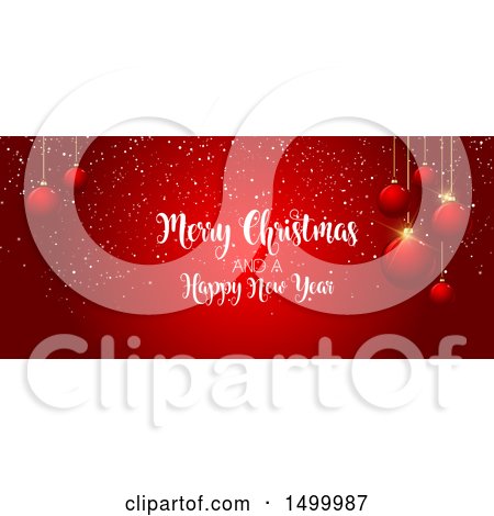 Clipart of a Red Merry Christmas and Happy New Year Banner with Baubles - Royalty Free Vector Illustration by KJ Pargeter