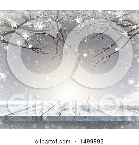 Clipart of a 3d Wooden Surface with Snow and Bare Tree Branches - Royalty Free Illustration by KJ Pargeter