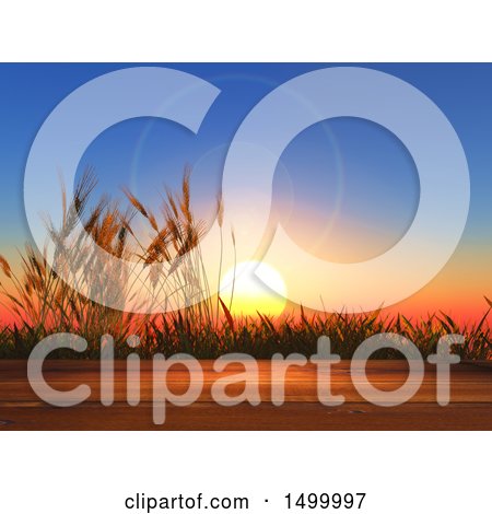 Clipart of a 3d Wooden Surface and Wheat at Sunset - Royalty Free Illustration by KJ Pargeter