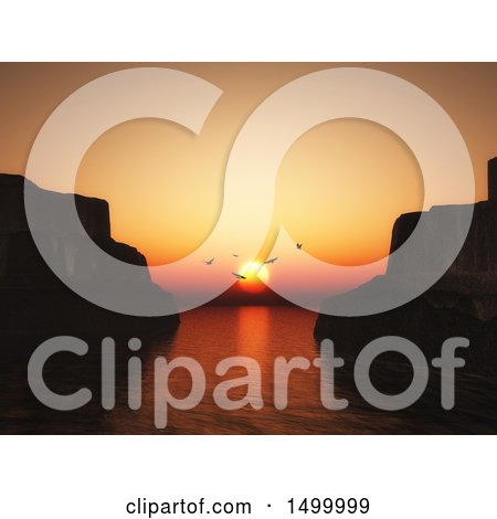 Clipart of a 3d Bay at Sunset with Cliffs and Seagulls - Royalty Free Illustration by KJ Pargeter