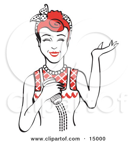 Happy Red Haired Woman Using a Salt Shaker While Cooking Clipart Illustration by Andy Nortnik
