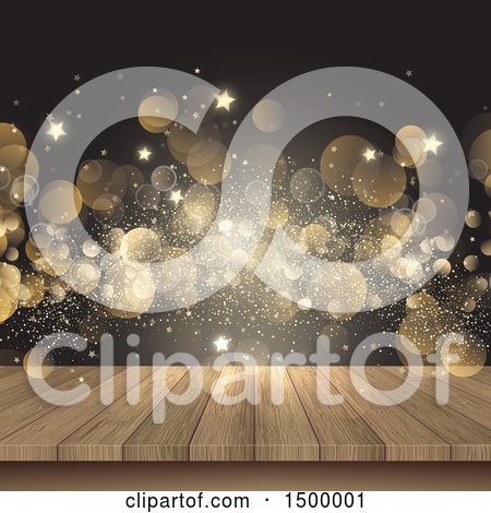 Clipart of a 3d Wood Surface with Golden Flares and Stars - Royalty Free Vector Illustration by KJ Pargeter