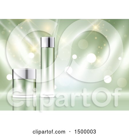 Clipart of 3d Glass Cosmetic Containers on Green - Royalty Free Vector Illustration by KJ Pargeter
