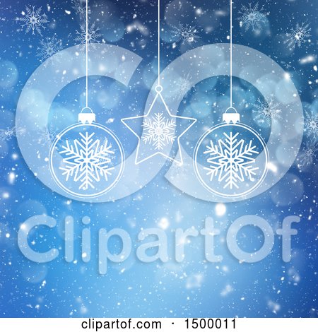 Clipart of a Blue Christmas Snow Background with Flares and Baubles - Royalty Free Illustration by KJ Pargeter