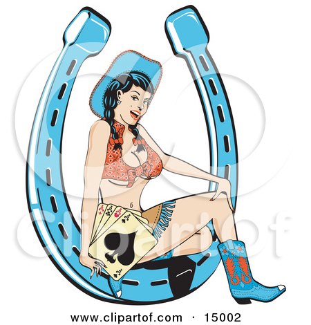 Sexy Brunette Cowgirl In A Halter Top And Mini Skirt, Sitting In A Horseshoe And Holding Playing Cards Clipart Illustration by Andy Nortnik