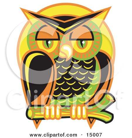 Wise And Colorful Owl Perched On A Branch At Night Against A Full Moon Clipart Illustration by Andy Nortnik