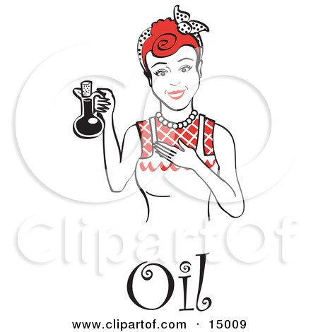 Happy Woman in an Apron, Holding up a Bottle of Cooking Oil, With Text  Posters, Art Prints