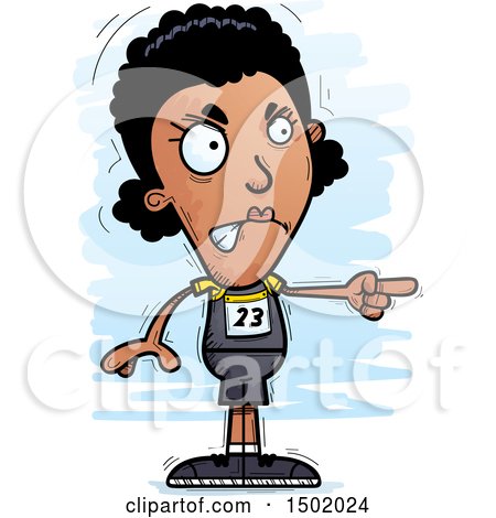 Clipart of a Mad Pointing Black Female Track and Field Athlete - Royalty Free Vector Illustration by Cory Thoman