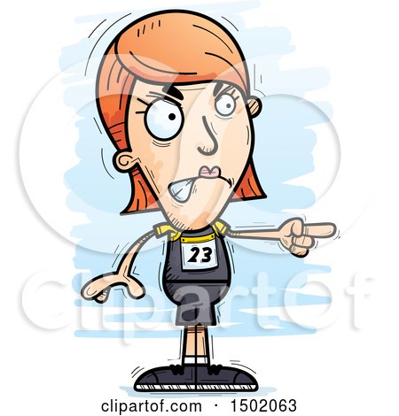 Clipart of a Mad Pointing White Female Track and Field Athlete - Royalty Free Vector Illustration by Cory Thoman
