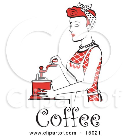 Beautiful Red Haired Housewife Or Maid Woman Using A Manual Coffee Grinder, With Text Clipart Illustration by Andy Nortnik