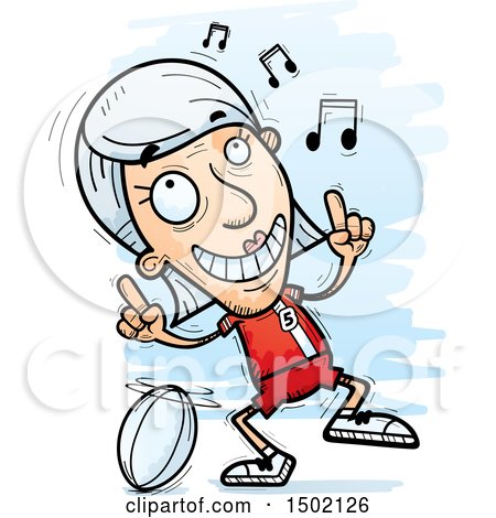 Clipart of a White Senior Female Rugby Player Doing a Happy Dance - Royalty Free Vector Illustration by Cory Thoman