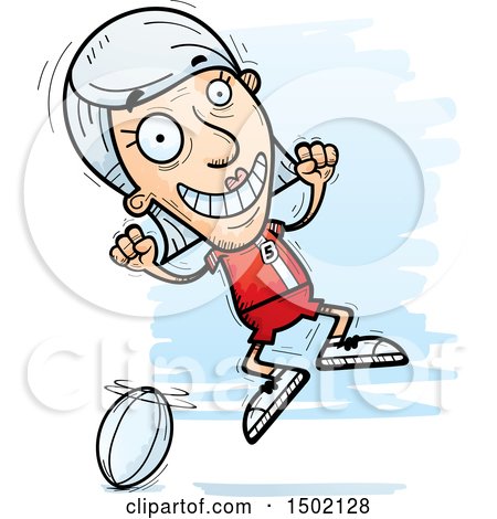 Clipart of a Jumping White Senior Female Rugby Player - Royalty Free Vector Illustration by Cory Thoman