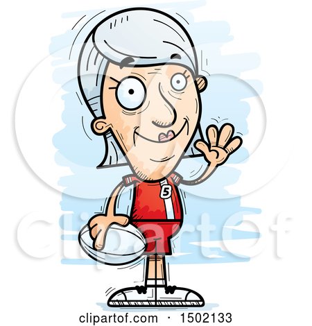 Clipart of a Waving White Senior Female Rugby Player - Royalty Free Vector Illustration by Cory Thoman