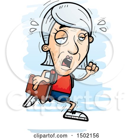Clipart of a Tired Running White Senior Female Community College Student - Royalty Free Vector Illustration by Cory Thoman