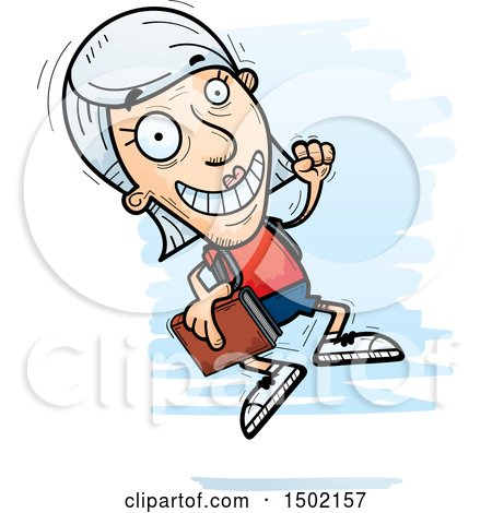 Clipart of a Jumping White Senior Female Community College Student - Royalty Free Vector Illustration by Cory Thoman