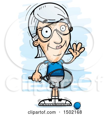Clipart of a Waving Caucasian Senior Woman Racquetball Player - Royalty Free Vector Illustration by Cory Thoman