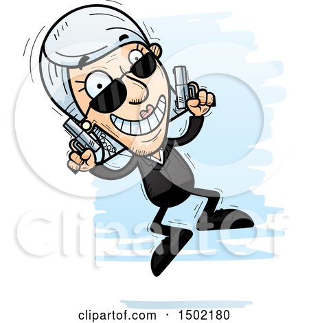 Clipart of a Jumping Caucasian Senior Woman Secret Service Agent - Royalty Free Vector Illustration by Cory Thoman