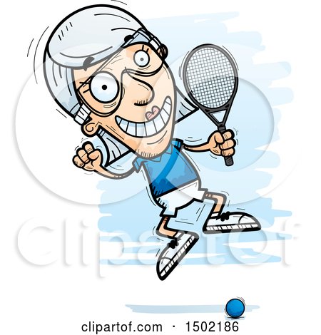 Clipart of a Jumping Caucasian Senior Woman Racquetball Player - Royalty Free Vector Illustration by Cory Thoman
