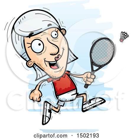 Clipart of a Running Caucasian Senior Woman Badminton Player - Royalty Free Vector Illustration by Cory Thoman