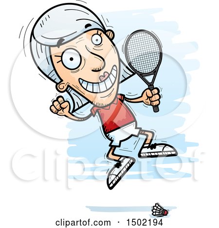 Clipart of a Jumping Caucasian Senior Woman Badminton Player - Royalty Free Vector Illustration by Cory Thoman