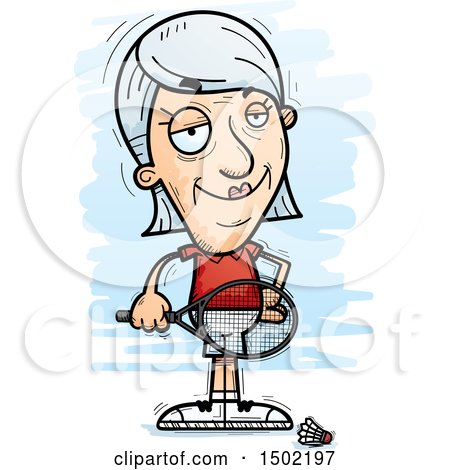 Clipart of a Confident Caucasian Senior Woman Badminton Player - Royalty Free Vector Illustration by Cory Thoman