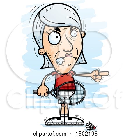 Clipart of a Mad Pointing Caucasian Senior Woman Badminton Player - Royalty Free Vector Illustration by Cory Thoman
