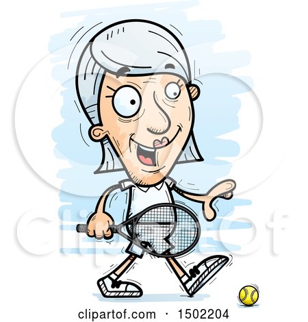 Clipart of a Walking Caucasian Senior Woman Tennis Player - Royalty Free Vector Illustration by Cory Thoman
