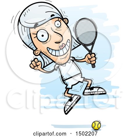 Clipart of a Jumping Caucasian Senior Woman Tennis Player - Royalty Free Vector Illustration by Cory Thoman