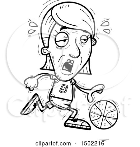 Clipart of a Black and White Tired Running Senior Female Basketball Player - Royalty Free Vector Illustration by Cory Thoman
