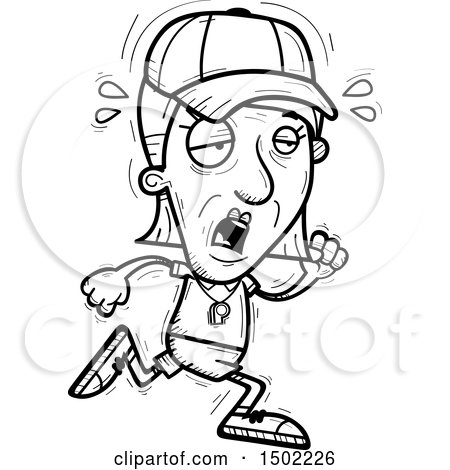 Clipart of a Black and White Tired Running Senior Female Coach - Royalty Free Vector Illustration by Cory Thoman