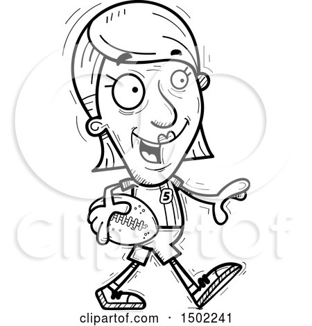 Clipart of a Black and White Walking Senior Female Football Player - Royalty Free Vector Illustration by Cory Thoman