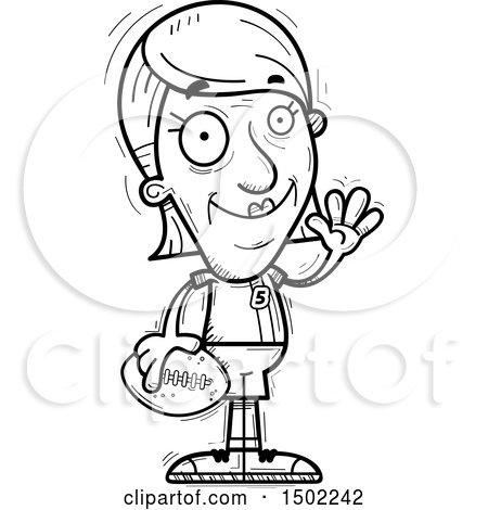 Clipart of a Black and White Waving Senior Female Football Player - Royalty Free Vector Illustration by Cory Thoman