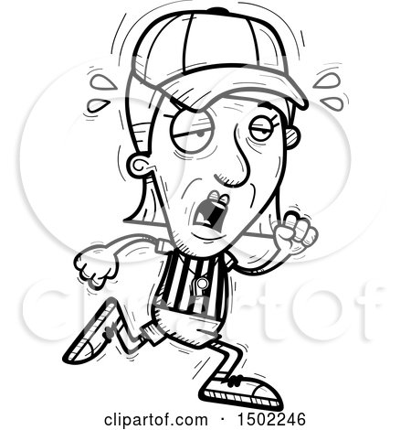 Clipart of a Black and White Tired Running Senior Female Referee - Royalty Free Vector Illustration by Cory Thoman