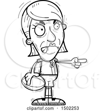 Clipart of a Black and White Mad Pointing Senior Female Rugby Player - Royalty Free Vector Illustration by Cory Thoman