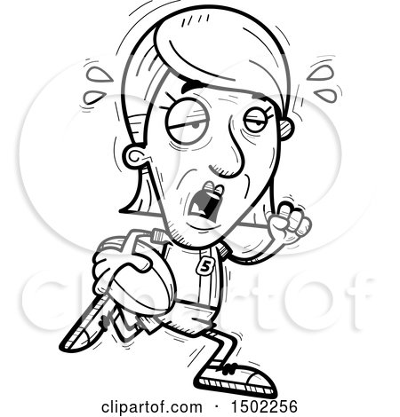 Clipart of a Black and White Tired Running Senior Female Rugby Player - Royalty Free Vector Illustration by Cory Thoman