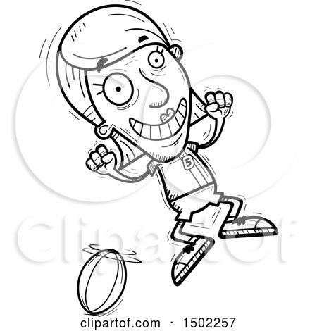 Clipart of a Black and White Jumping Senior Female Rugby Player - Royalty Free Vector Illustration by Cory Thoman