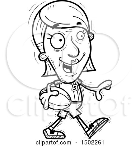 Clipart of a Black and White Walking Senior Female Rugby Player - Royalty Free Vector Illustration by Cory Thoman