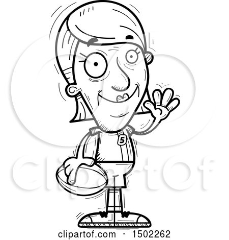 Clipart of a Black and White Waving Senior Female Rugby Player - Royalty Free Vector Illustration by Cory Thoman