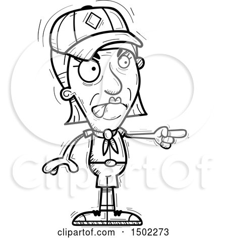 Clipart of a Black and White Mad Pointing Senior Female Scout - Royalty Free Vector Illustration by Cory Thoman