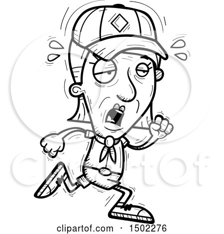 Clipart of a Black and White Tired Running Senior Female Scout - Royalty Free Vector Illustration by Cory Thoman