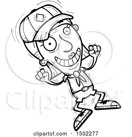 Clipart of a Black and White Jumping Senior Female Scout - Royalty Free Vector Illustration by Cory Thoman