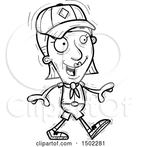 Clipart of a Black and White Walking Senior Female Scout - Royalty Free Vector Illustration by Cory Thoman