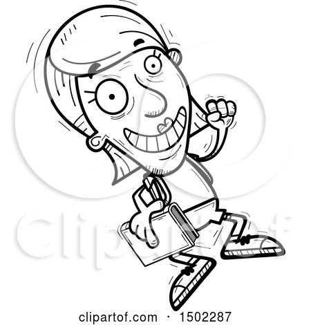 Clipart of a Black and White Jumping Senior Female Community College Student - Royalty Free Vector Illustration by Cory Thoman
