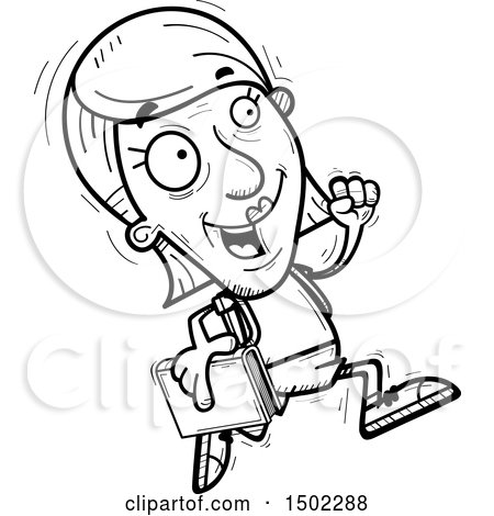 Clipart of a Black and White Running Senior Female Community College Student - Royalty Free Vector Illustration by Cory Thoman