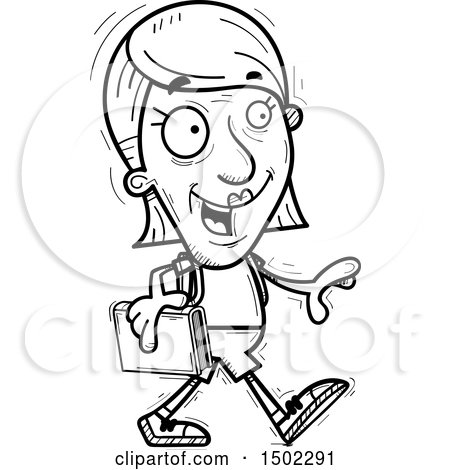 Clipart of a Black and White Walking Senior Female Community College Student - Royalty Free Vector Illustration by Cory Thoman