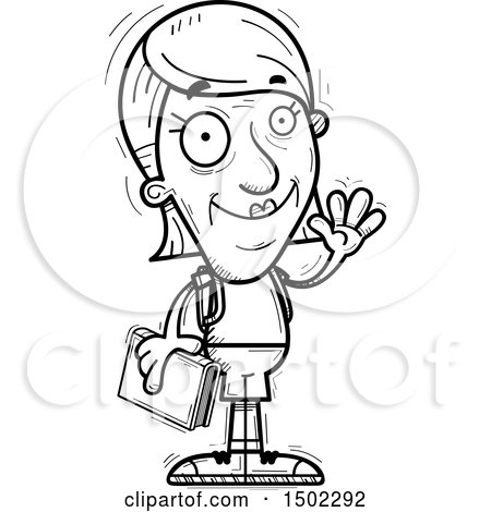 Clipart of a Black and White Waving Senior Female Community College Student - Royalty Free Vector Illustration by Cory Thoman
