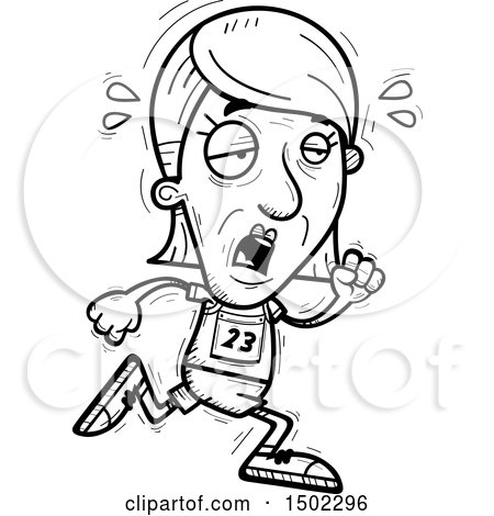 Clipart of a Black and White Tired Running Senior Female Track and Field Athlete - Royalty Free Vector Illustration by Cory Thoman