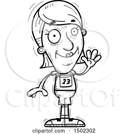 Clipart of a Black and White Waving Senior Female Track and Field Athlete - Royalty Free Vector Illustration by Cory Thoman